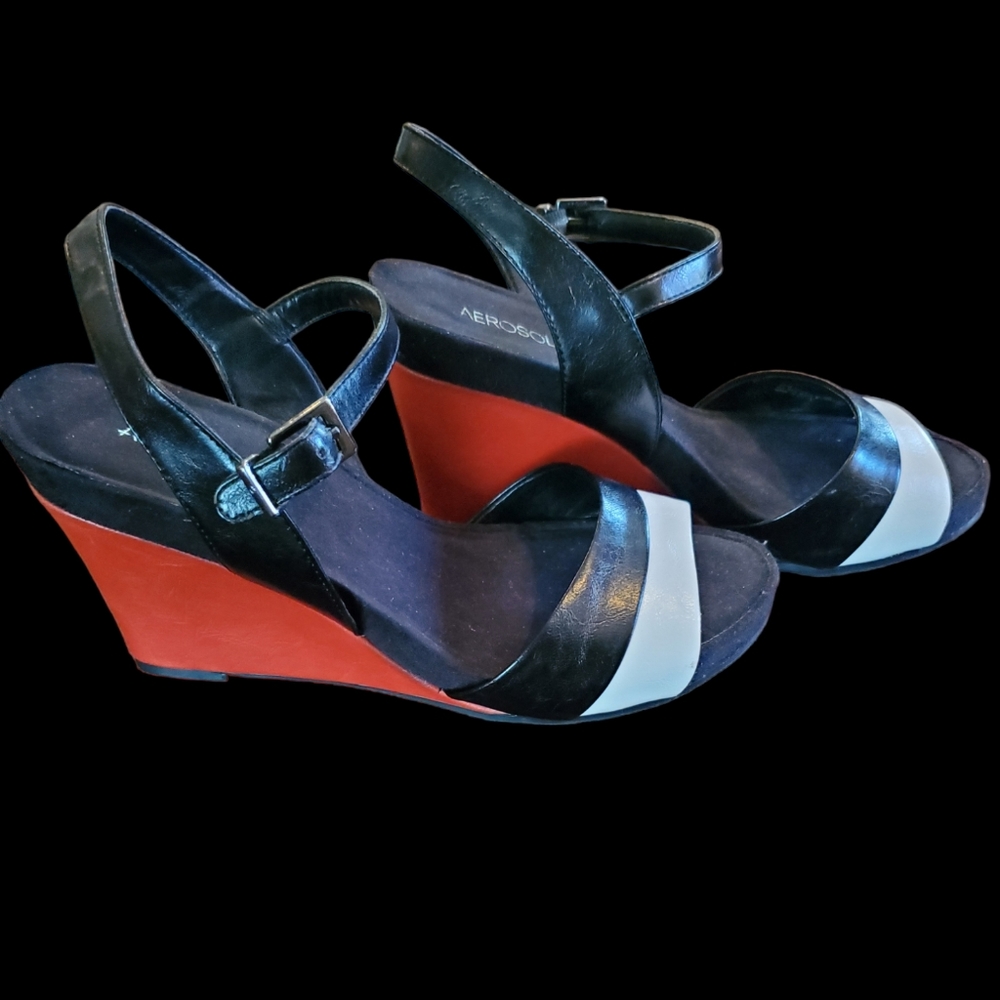 Black White and Red Wedge Sandals